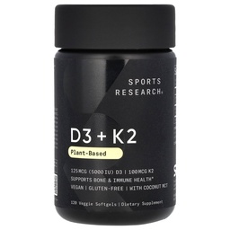 Sportforschung Vitamin D3 mit K2 Softgels - Pflanzenbasiertes K2 & Vegan D3 5000iu mit Kokos-MCT-Öl - Vegan zertifiziert, Soja & Glutenfrei - 120 Count