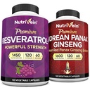 Nutrivein Premium Korean Panax Ginseng Supplement & Resveratrol Supplement Bundle: Capsules et Ginseng à haute absorption pour le cerveau, la défense, la réparation et la vitalité