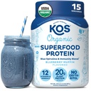 Poudre de protéines à base de plantes KOS, Muffin de bleuet - Protéines de pois organiques Superfood avec Spiruline et Immune Support Blend. Soy, gluten, sans lait - Remplacement de repas végétaliens pour les femmes et les hommes - 15 portions