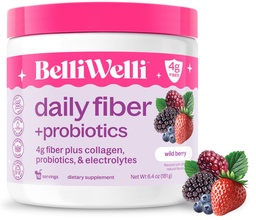 Belli Welli Fiber Supplément pour les femmes et les hommes – Poudre de fibre quotidienne premium de l'acacia biologique avec collagène ajouté, électrolytes et probiotiques – Pas de Bloat, Constipation et Gut Health Support (Wild Berry)