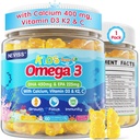 Enfants Omega 3 Gummies + Calcium 400mg + Vitamine D3 K2 + C, Omega-3 Supplément DHA & EPA - Pas de Burps de poisson, Pas de sucre - Enfants et adolescents Om=3ga + Gummy multivitamine pour les os forts, Cerveau, Immune, Yeux, 60Cts