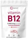 Micro-ingrédients Vitamine B12 5 000 mcg (Méthylcobalamine – 240 comprimés à croquer) Désolation rapide, saveur de fraise naturelle Soutient l'énergie et le métabolisme Santé