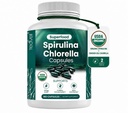 Capsules Teaveli Organic Spirulina et Chlorella – 180 pilules de chlorophylle, capsules en poudre d'algues vertes bleues pour soutenir la désintoxication, la mitochondrie et l'énergie– 3X Plus Chlorella Spirulina Poudre/Serveur