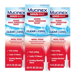 Vaporisateur nasal Sinus-Max de Mucinex, 12 heures de sur-le-Counter Médicament Nez Spray pour le soulagement du sinus, Décongestions nasales pour les adultes, Cooling Menthol, 0,75 Fl Oz (paquet de 3)