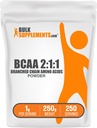 BulkSupplements.com BCAA 2:1:1 Poudre - Acides aminés à chaîne ramifiée, BCAAs Acides aminés Poudre - Sans aromatisants et sans gluten, 1g par portion, 250g (8,8 oz) (paquet de 1)