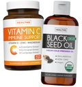 Ensemble d'huile de graines noires liquide et vitamine C - Immune Fusion Booster Pack - Organic Black Seed Oil Liquide (8fl oz) Premium Nigella Sativa et vitamine C Immune Support (non-OGM)(60 capsules)