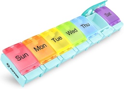 AUVON Weekly Pill Organizer Arthritis Friendly, BPA Free Travel 7 Day Pill Box Case avec Spring Open Design et grand compartiment pour tenir les vitamines, huile de foie de morue, suppléments et médicaments