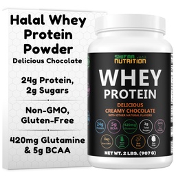 SHIFAA NUTRITION 2 Lbs Halal Whey Protéine poudre chocolat crémeux. 24g Protéines, 5g BCAAs & 420mg Glutamine. pour construire les muscles maigres et la récupération. Sans sucre, sans sucre, sans gluten, sans OGM
