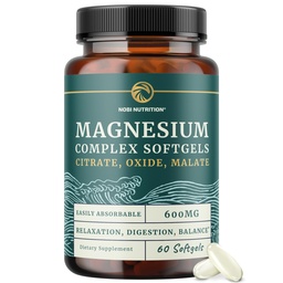 Triple Magnésium softgels (Citrate, Malate, & Oxide) Supplément Magnésium très absorbant pour la digestion, le calme, les crampes des jambes et le soutien du sommeil (Complexe 300mg) Facile à avaler Gels doux (Cent 60)