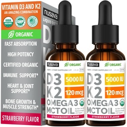 (2 Pack) Vitamine biologique D3 K2 gouttes 5000 UI avec l'huile MCT Oméga 3 - La force maximale liquide D3 sans remplissage, non-OGM pour l'absorption plus rapide, support immunitaire (Strawberry, 2 Fl Oz)
