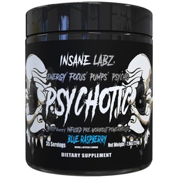 Insane Labz Psychotique Black Edition Mid Stimulant Pre Workout Powder, Energy Focus Pompes, chargé de Créatine Beta Alanine Taurine alimenté par AMPiberry, 35 portions (Blue Raspberry)