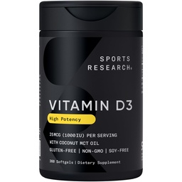 Recherche sportive Vitamine D3 1000iu (25mcg) Infusion avec de l'huile de coco ~ Immune & Bone Support ~ Non-OGM Vérifié, sans soja et sans gluten (360 mini softgels liquides)