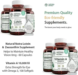 Supplément naturel Nutra Lutein et Zeaxanthin Sans soja, 20mg - 60 capsules et vitamine A 10 000 UI, aide à maintenir une vision saine avec Omega 3, 100 softgels sans gluten