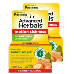 Des fabricants de dramamine, herbes avancées, non somnolence, soulagement de la maladie du mouvement, fait avec le gingembre naturel, 18 comtes, 2 paquets