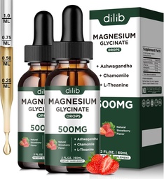 Magnesium Glycinate Liquid Drops Supplement, with Magnesium Glycinate 500mg Ashwagandha, L - Theanine, Chamomile -Support Stress Relief, Bone, Muscle, Mood Strawberry Flavor 2Pack