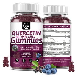 Gummies Quercetin avec Bromelain 2378mg - Mélange avec Elderberry, Echinacea Purpurea Extract, Zinc, Vitamine C,D3,K2, Complexe Supports Immune, Cardiovasculaire & Respiratoire, Gummy Vegan pour Adulte & Enfant