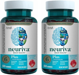 NEURIVA Plus Supplément Cerveau pour Mémoire, Focus & Concentration + Fonction cognitive avec Nootropics Phosphatidylsérine et Neurofactor, VIT B6 & B12, Fraise Flavor, 50 Glumies (2 Pack)