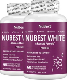 NuBest White - Supplément de blanchiment de peau, supplément pour l'antivieillissement avec le glutathion, vitamine C, E, B2, extrait de chardon de lait, extrait de thé vert pour éclaircir et éclaircir