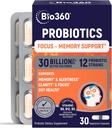 Bio360 Suppléments Cerveau pour la mémoire et la focalisation - Soutienne la santé cérébrale, la clarté mentale et l'alerte - Capsules avec B5, B6 et B12-30 Million CFU pour l'immunité, la digestion et la santé des intestins - 30 Compte