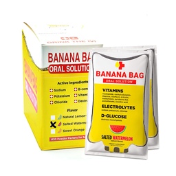 Sachet de banane Paquets de solution orale – Pastèque salée 30pk.Un mélange rafraîchissant d'électrolytes, de vitamine C et de complexe B pour l'hydratation et l'énergie. Pratique, facile à utiliser et parfait pour une utilisation quotidienne.