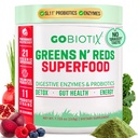 GOBIOTIX Super Greens and Reds Powder - Red and Green Superfood - Supplément probiotique - Enzymes digestifs et poudre de racine de betterave - Complément alimentaire biologique entier (Pom Raspberry, 1 paquet)