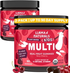 Llama Naturals enfants multivitamines, végétalien, biologique avec vitamine D, C & K, Vitamines Gommy de fruits réels, supplément à croquer, multivitamine d'aliments entiers, pas d'ajout de canne à sucre, cerise, 2 Pk