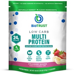 Poudre de protéines BioTrust à faible teneur en glucides – Delicious Whey & Casein Blend de vaches sans hormones à l'herbe – non OGM, sans gluten (banane aux mûres)