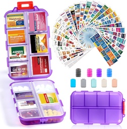 14 Grilles Travel Pill Organizer Box with 415-Pcs Medicine Name Labels, Pocket Daily Pharmacie Case Container, Travel Medicating Holder Dispenser Kit pour l'huile de poisson de supplément de vitamine stockage -Clear Purple