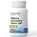 Puregen Labs Ferrous Gluconate 324 mg [High Potency] Eisenergänzung, Gentle on Stomach - 100 Tabletten