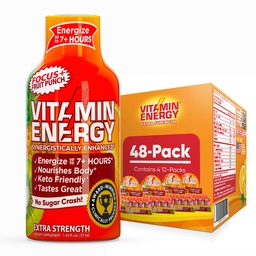 Vitamine Energy Focus+ Extra Strength Energy Shot Fruit Punch 48 Pack, 260mg Caféine naturelle, B-Vitamines, CoQ10, Acides aminés, Focus, Productivité et Clarté, Zéro Sucre, Sans gluten, 1.93 fl oz