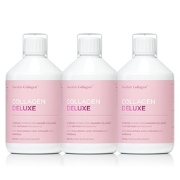 Collagène Deluxe 500ml x 3 I 8 semaines Ensemble I 12500 mg Collagène marin (type I et III) I Acide hyaluronique, biotine, vitamine C I Sans sucre - 8 semaines