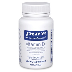 Encapsulations pures Vitamine D3 125 mcg (5 000 UI) - Supplément pour soutenir la santé des os, des articulations, des seins, du coeur, des colonies et des immunes* - avec vitamine D - 120 capsules