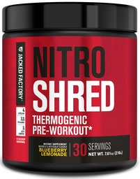 Jacked Factory NITROSURGE Shred Pre Workout Supplément - Booster d'énergie, gains de force instantanés, focalisation pointue, pompes puissantes - Booster d'oxyde nitrique et poudre de prétravail - 30Sv, Cimonade Blueberry