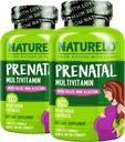 NATURELO Multivitamine prénatale avec du fer chélaté doux, du folate de méthyle, du calcium végétal et de la choline - végétalien, végétarien - non-OGM - sans gluten - 180 capsules - approvisionnement de 4 mois (paquet de 2)