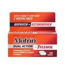 Motrin Dual Action avec Tylenol, Ibuprofène et acétaminophène Action rapide double soulagement de la douleur pour les douleurs mineures, Ibuprofène (NSAID) 125 mg et acétaminophène 250 mg, 120 ct