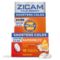 Zicam Ultra Cold Remedy Zinc Rapidmelts, Arôme crème orange, homéopathique, médecine de raccourcissement du froid, raccourcit la durée du froid, sans sucre, sans colorant, 18 Compte