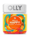Hello Hello Happy Gummy Worms, Soutien de l'équilibre d'humeur, Vitamine D, Safran, Supplément à croquer pour adultes, Zing Tropical - 60 Comte