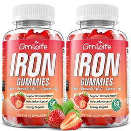 Gommies de fer pour femmes, hommes et enfants, supplément de fer sans sucre avec calcium, zinc, folate et vitamine B12, C, B6 - pour la construction de sang et le soutien énergétique, Anémie, fraise, 120 comte