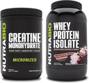 NutraBio Creatine Monohydrate, Unflavored, 500g and Whey Protein Isolate, Chocolate Dipped Macaroon, Supplement Bundle - Muscle Energy, Lean Muscle Growth, Recovery, and Strength