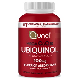Qunol Ubiquinol CoQ10 100mg Softgels, Mega Ubiquinol 100mg - Absorption supérieure - Forme active de Coenzyme Q10 pour la santé cardiaque et les niveaux de pression artérielle sains - 2 mois d'approvisionnement - 60 Compte