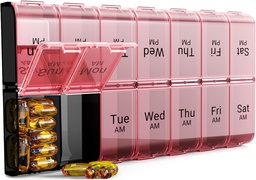 COLORWING AM PM Extra Large Pill Organizer, XL 7 Day Pill Organizer 2 fois par jour, hebdomadaire quotidien Pill Case, Day Night Oversized Medicine Box, Vitamine Holder, Big Pill Container (Pink)