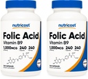 Acide folique Nutricost (vitamine B9) 1000 mcg, 240 capsules (2 bouteilles)
