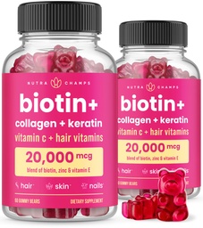 NutraChamps Biotin Gummies 5000mcg with Collagen, Keratin & More – Hair Skin and Nails Vitamins for Women & Men – Support Normal Hair Growth Cycle - Enhanced with Vitamin C, D3, Zinc (Pack of 2)