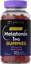 Carlyle Melatonin 1mg Gummies (90) Comte (90) Fruit Flavor Supplément Gummy (100) Vegan, non OGM, sans gluten