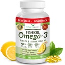 Best Triple Strength Omega 3 Pilules d'huile de poisson - 180 Capsules - 2400mg Flaveur de citron sans bourrelet de haute puissance 864mg EPA 576mg DHA Softgels liquides ultra purs pour les articulations du cerveau