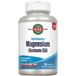 KAL Magnesium Glycinate Capsules, Fully Chelated Magnesium Bisglycinate, High Absorption Magnesium Supplement, Healthy Bones, Muscle, Relaxation and Stress Support, Non-GMO 160 count