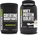 NutraBio Créatine monohydratée, non aromatisée, 500g et Isolée de protéines de lactosérum, non aromatisée, supplément - Énergie musculaire, croissance musculaire maigre, récupération et force