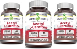 Amazing Formulas Acetyl L-Carnitine 1500 Mg Per Serving Veggie Capsules Supplement | Non-GMO | Gluten Free | Made in USA | Suitable for Vegetarians (120 Count) | Pack of 3