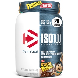 Dymatize x Cocao Pebbles ISO100 Whey Protéine poudre isolate, 25g de protéines, 20 portions, 5,5g BCAAs, 120 Cal., sans gluten, 1g de gras, 1g de sucre, 2g de glucides
