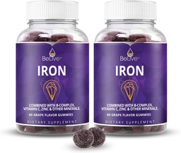 BeLive Iron Gummies - Multivitamin Eisen Ergänzung mit Vitamin C, A, B & Zink, unterstützt Blut Sauerstoff, Vegan Ergänzungen für Frauen, Männer & Kinder für Wachstum und Entwicklung - Trauben Flavor | 2-Pack